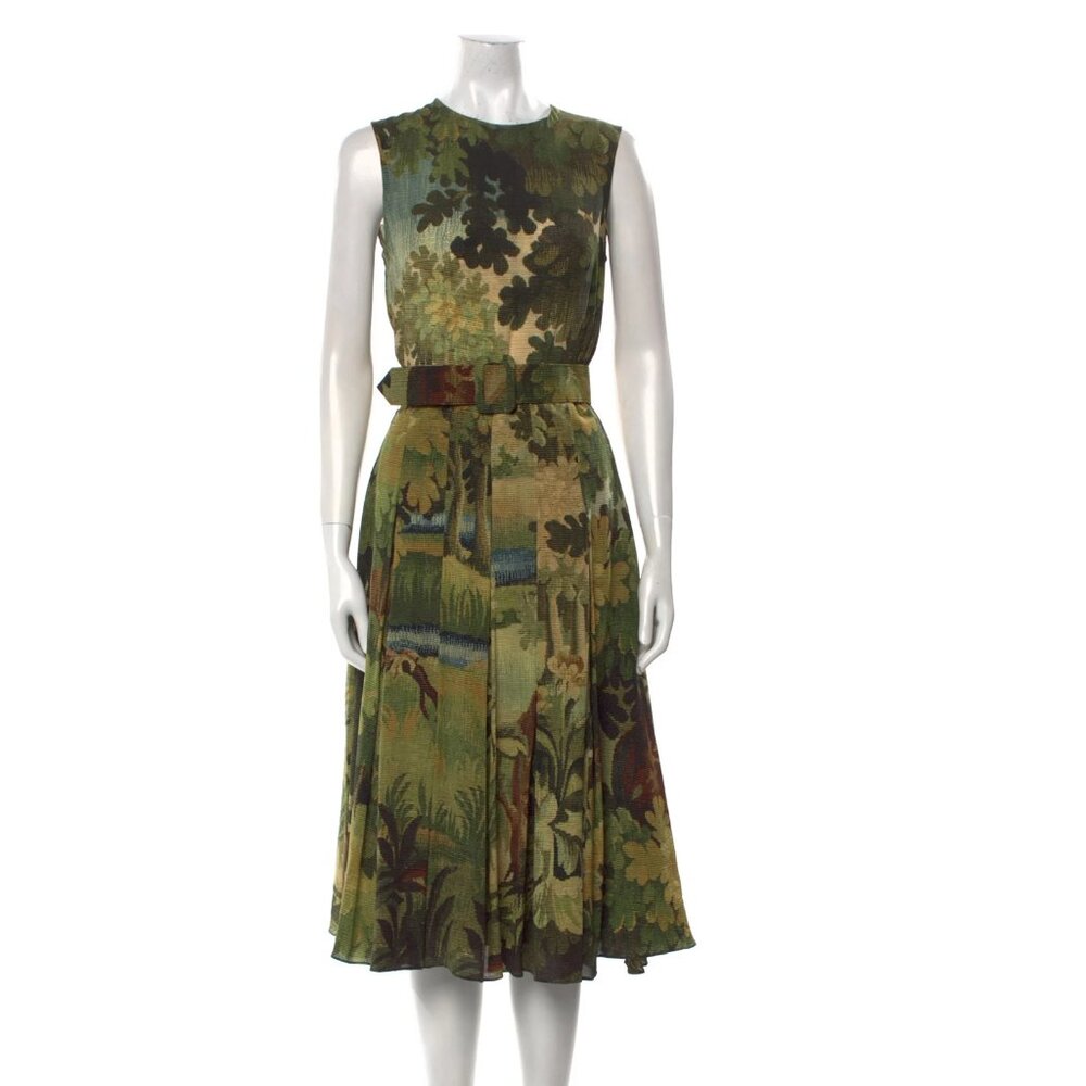 Oscar de la Renta Pleated Tapestry Landscape Silk Dress 2 - Picture 4 of 7